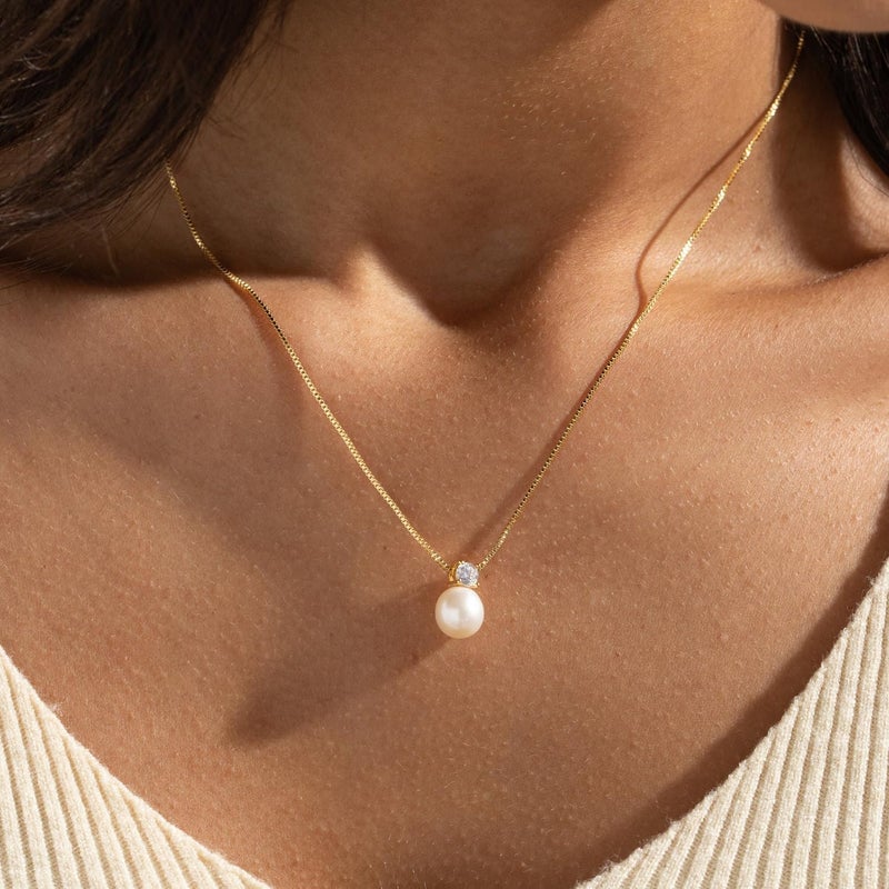 PRTGL Store Pearl Necklace: 14K Gold-Plated/White Gold-plated Pearl Necklace for Women 16.5” + 2” - Image 2
